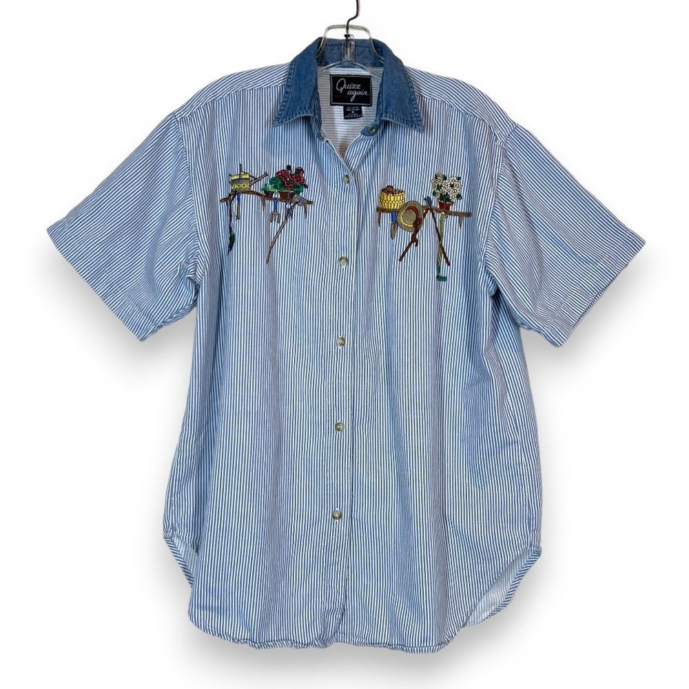 Vintage Embroidered Gardening Short Sleeve Shirt Top Medium Blue Pinstriped